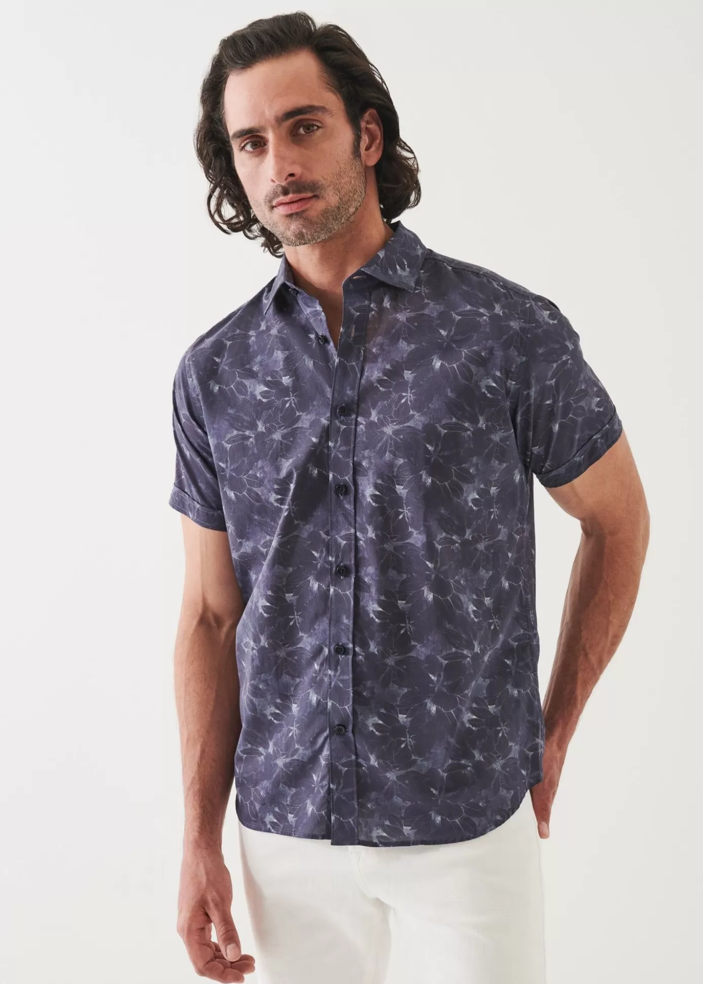 PATRICK ASSARAF Faded Floral Print Cotton Short Sleeve Shirt Clearance