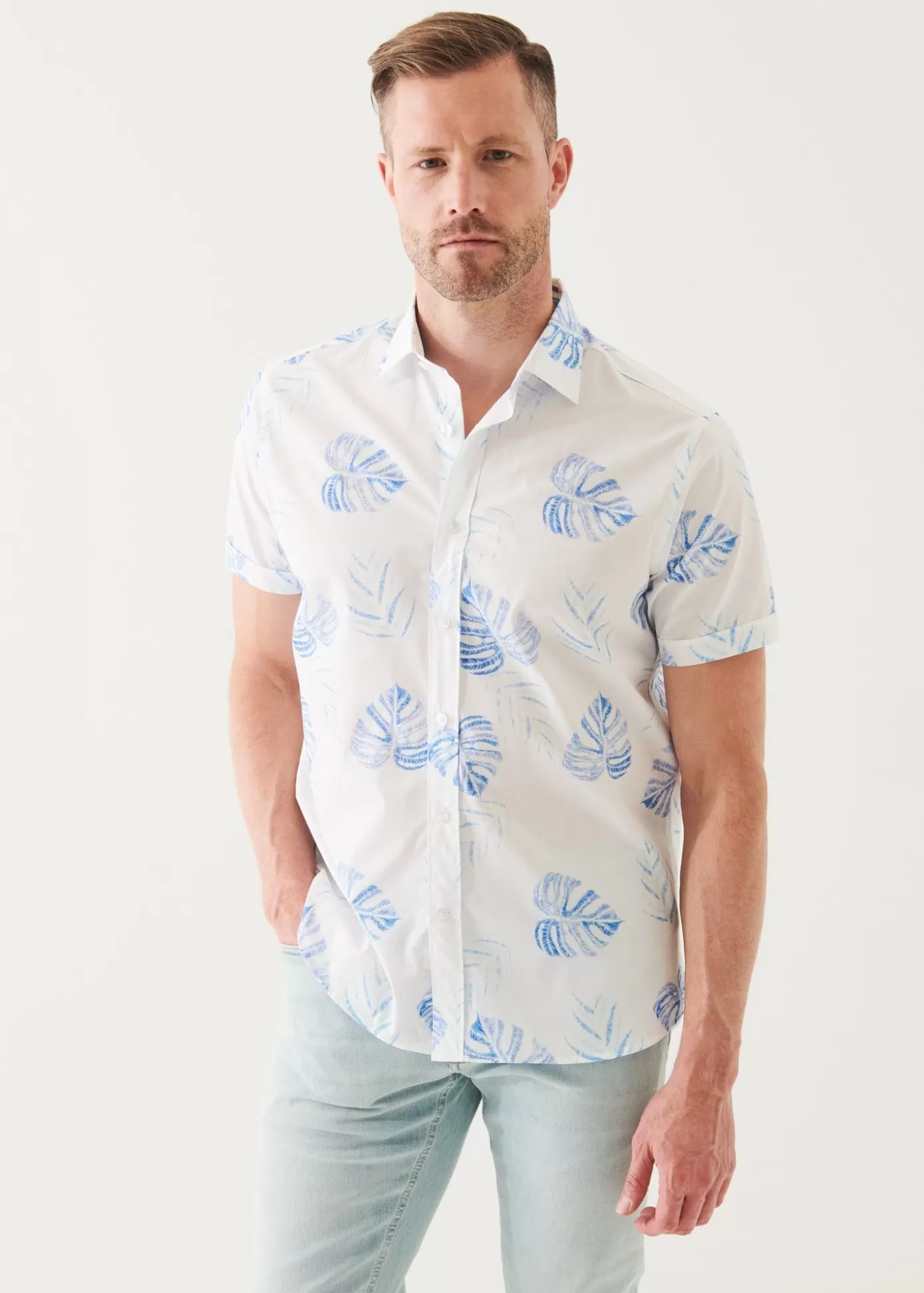 PATRICK ASSARAF Leaf Print Cotton Short Sleeve Shirt Flash Sale