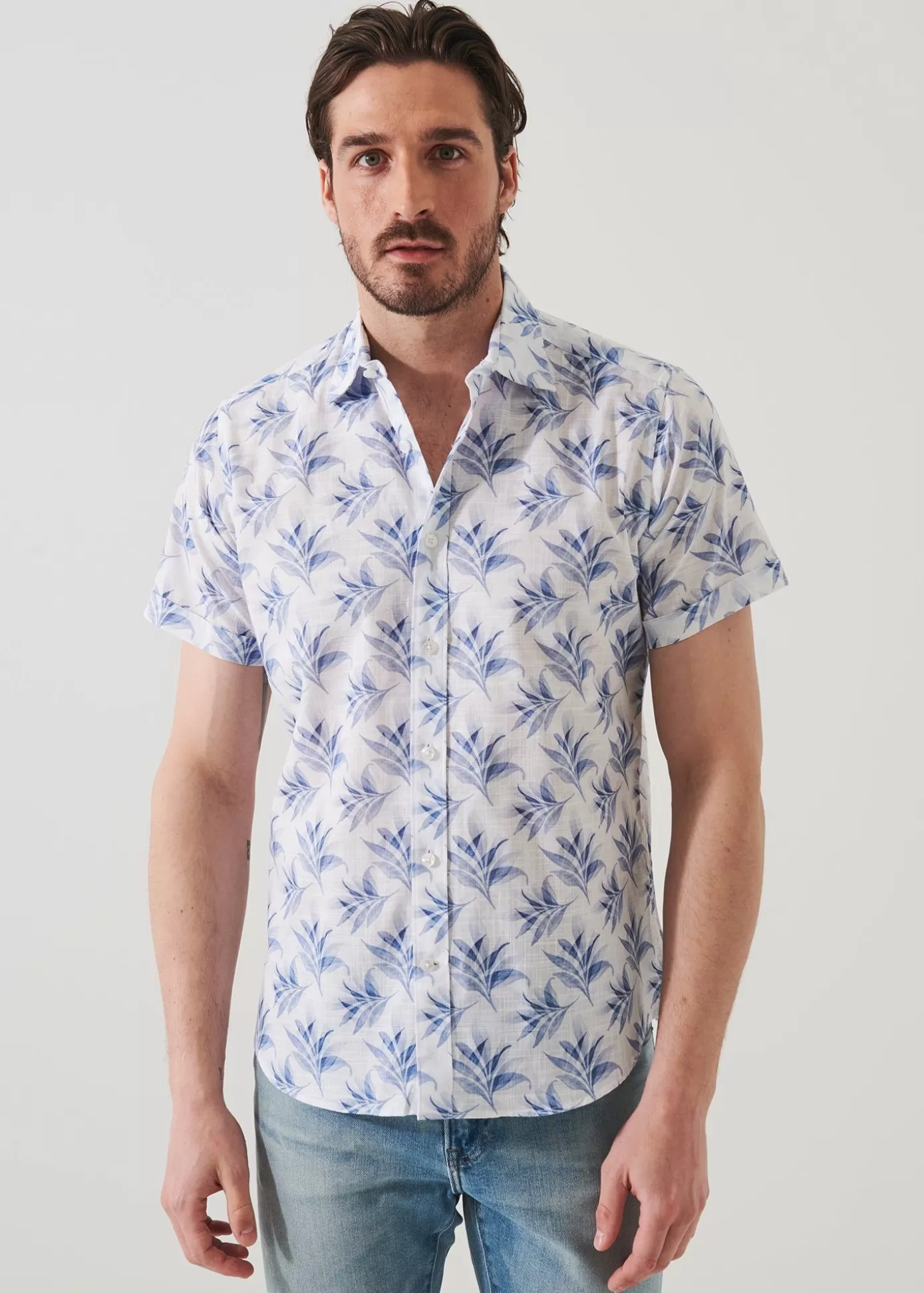 PATRICK ASSARAF Leaf Print Cotton Short Sleeve Shirt Cheap