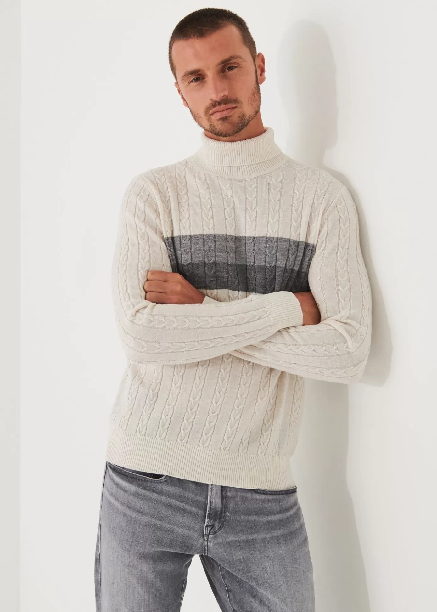 PATRICK ASSARAF Merino Striped Cable Knit Turtleneck New